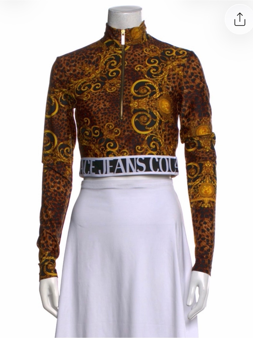 Versace Jeans Collection Brown & Gold Baroque Zip Crop Top